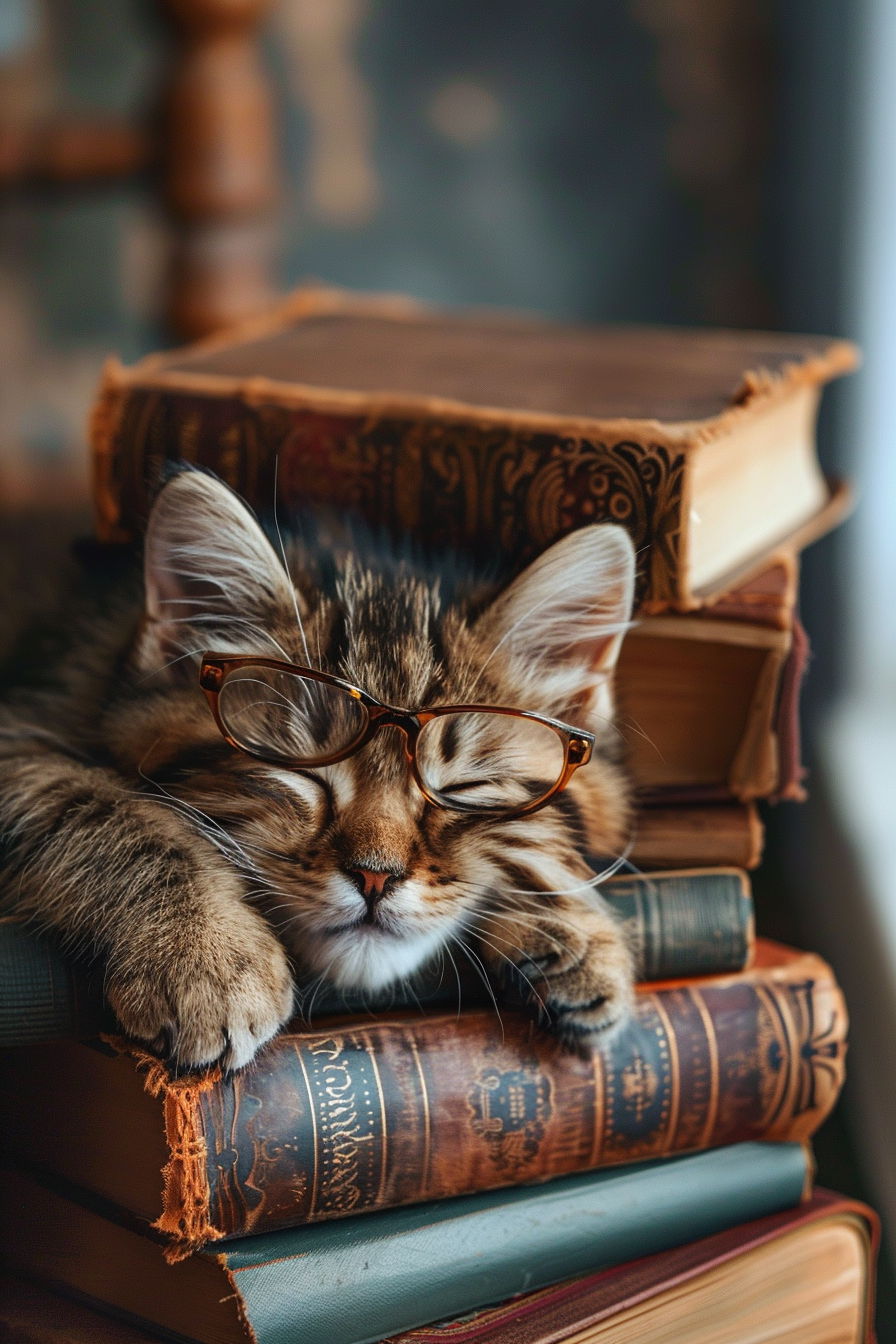 Cute kitten with glasses sleeping on books in cozy nook