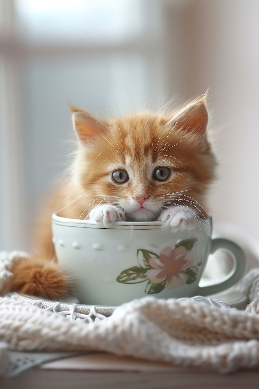 Fluffy ginger kitten in teacup with cozy morning light