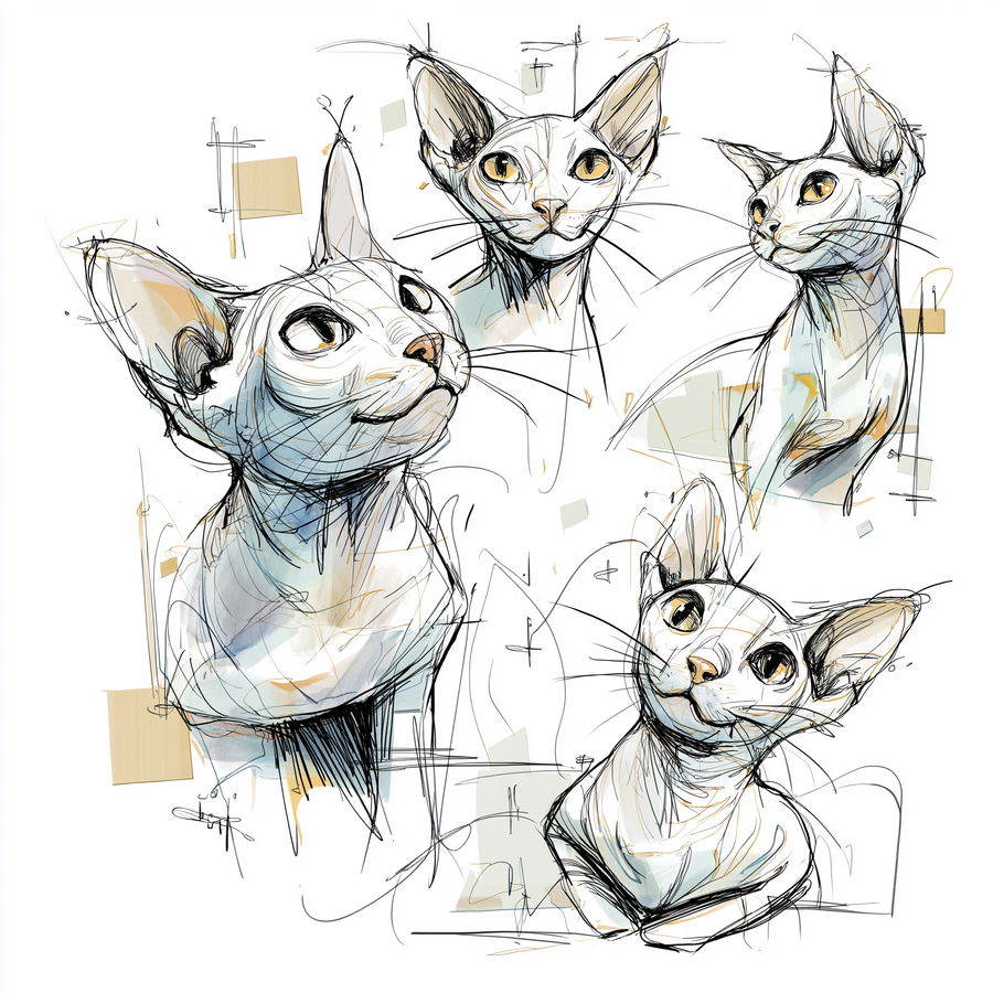 Cute Canadian hairless kitty in playful poses on white background