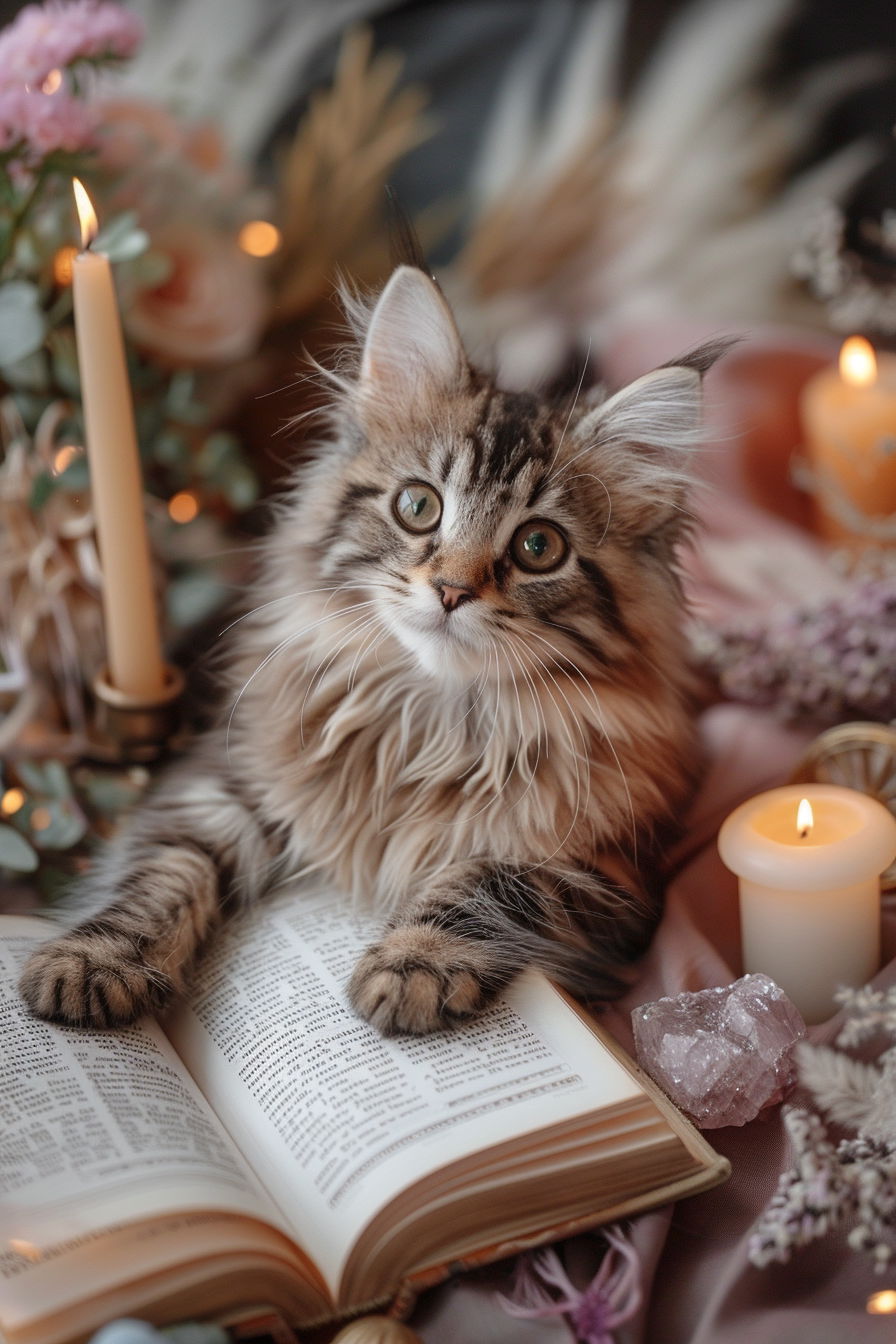 Cute witch kitten in spell book with candles and crystals