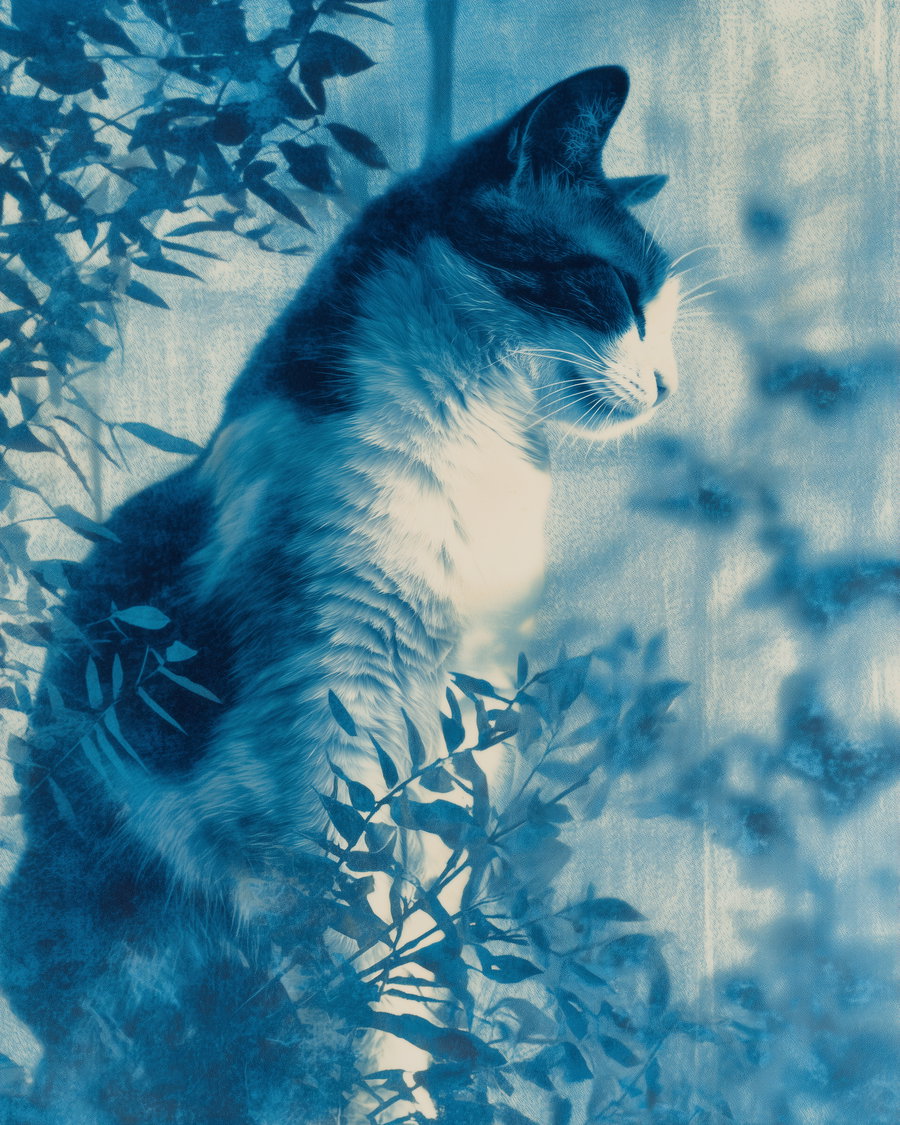 Cyanotype print of a cat surrounded by botanical elements