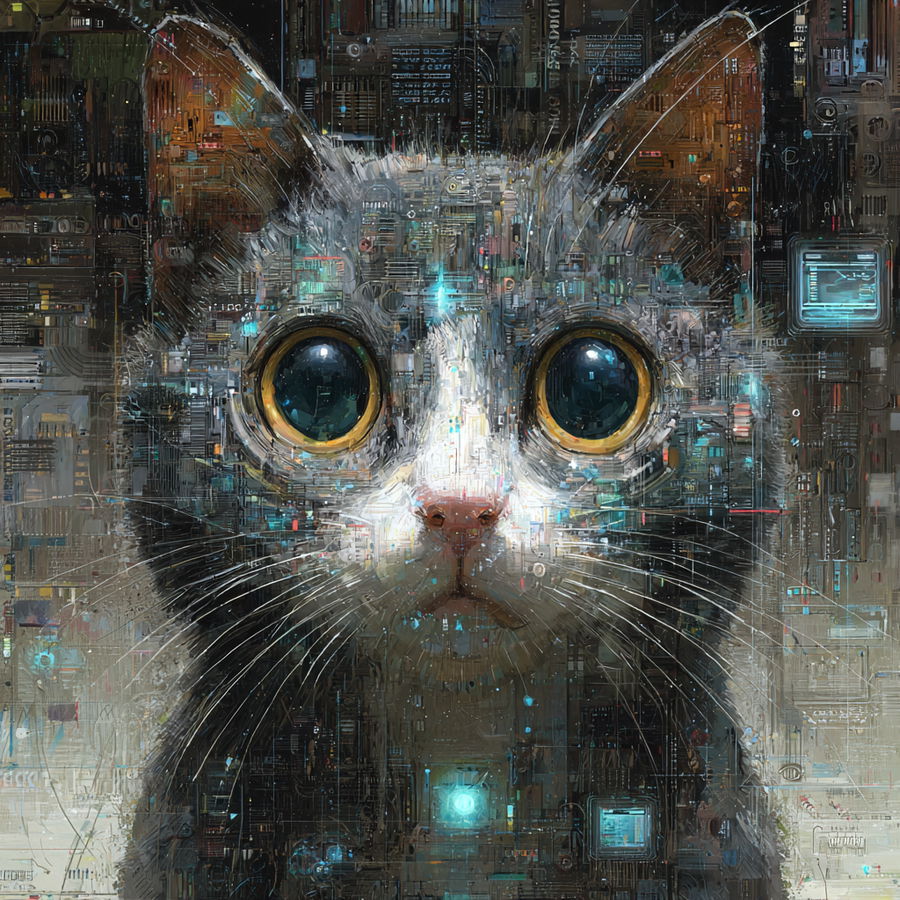 Futuristic cat surrounded by vibrant neon code patterns
