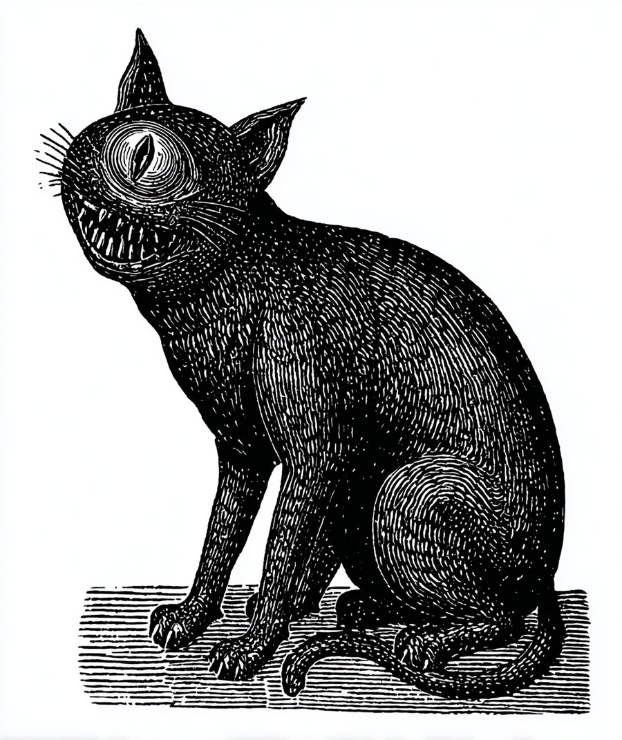 Monochrome woodcut of a terrifying one-eyed cyclops cat monster