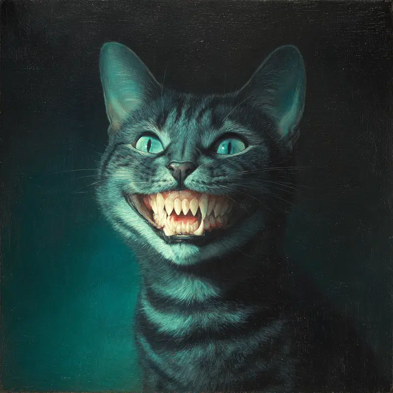 Sinister Gray Cat Portrait with Teal Stripes for Home Decor Inspiration
