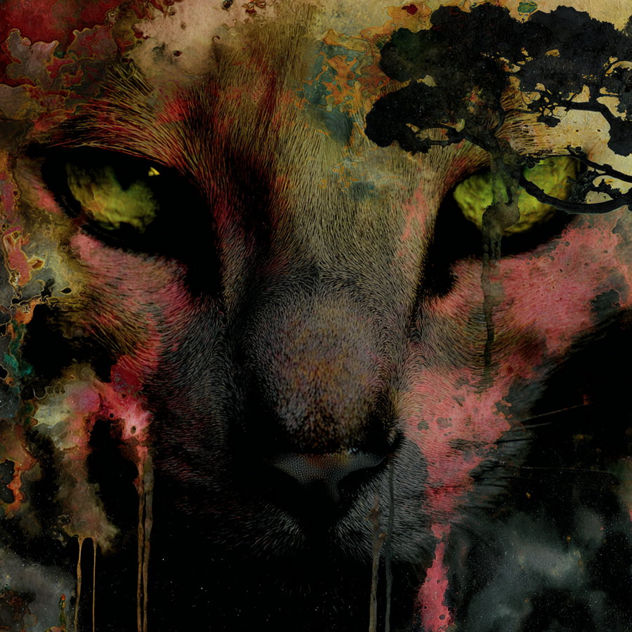 Abstract painting of a demon with green eyes and dark clouds