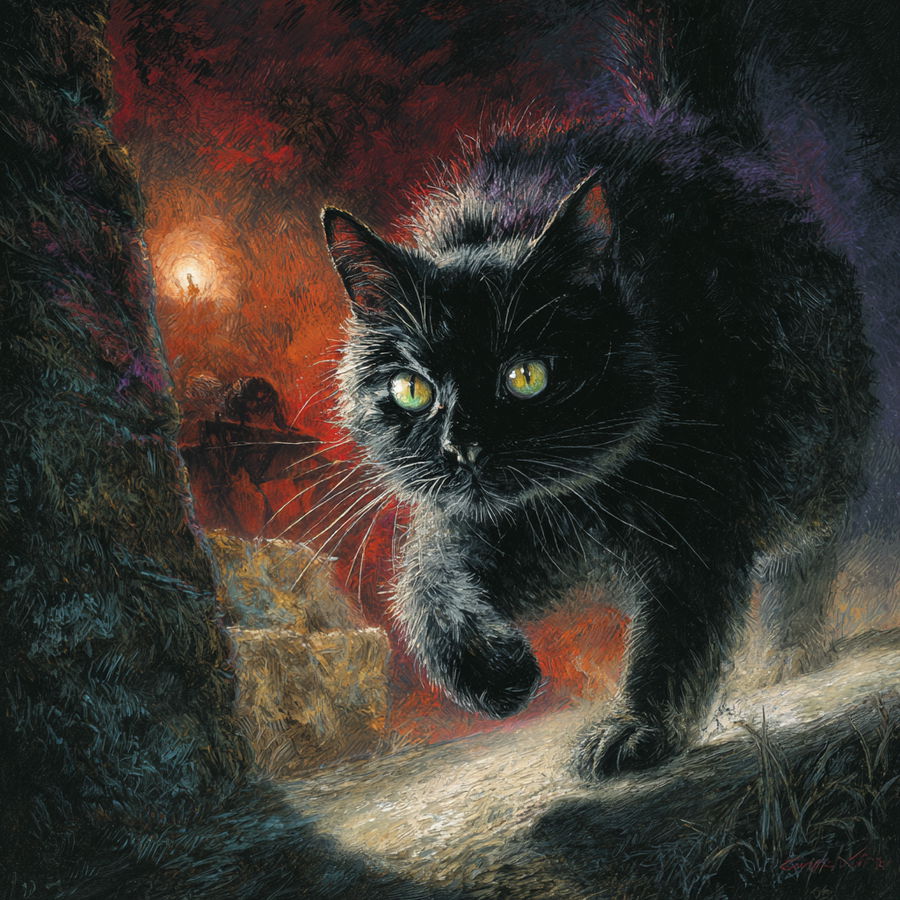 Diabolic cat attacks in dark fantasy with vivid colors