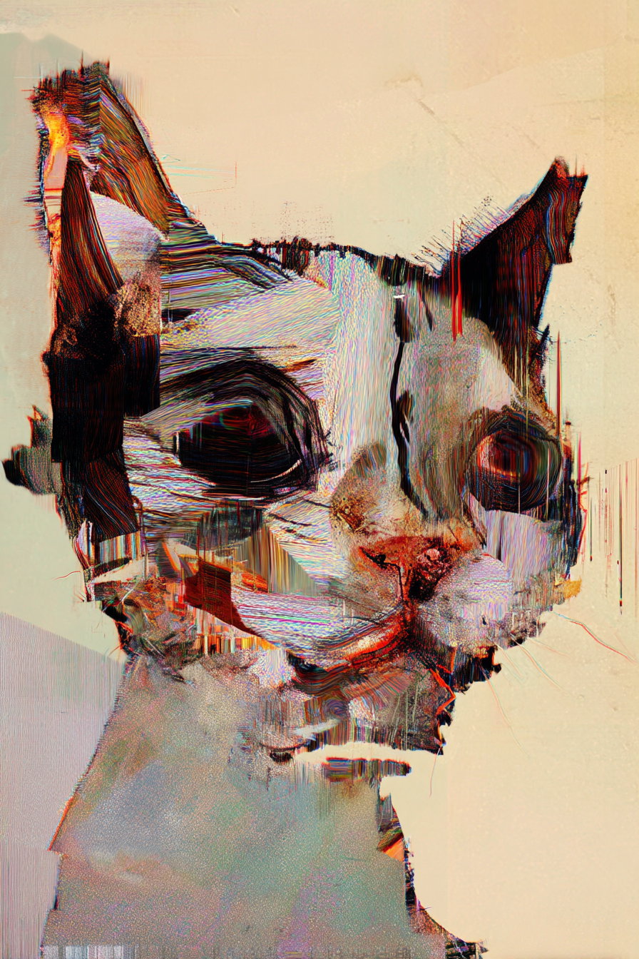 Distorted Picasso-style cat with abstract textures and glitch effects
