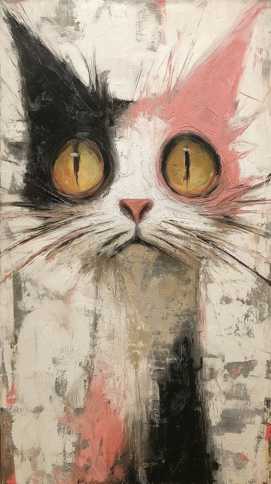 Acrylic painting of a distressed cat in vibrant colors