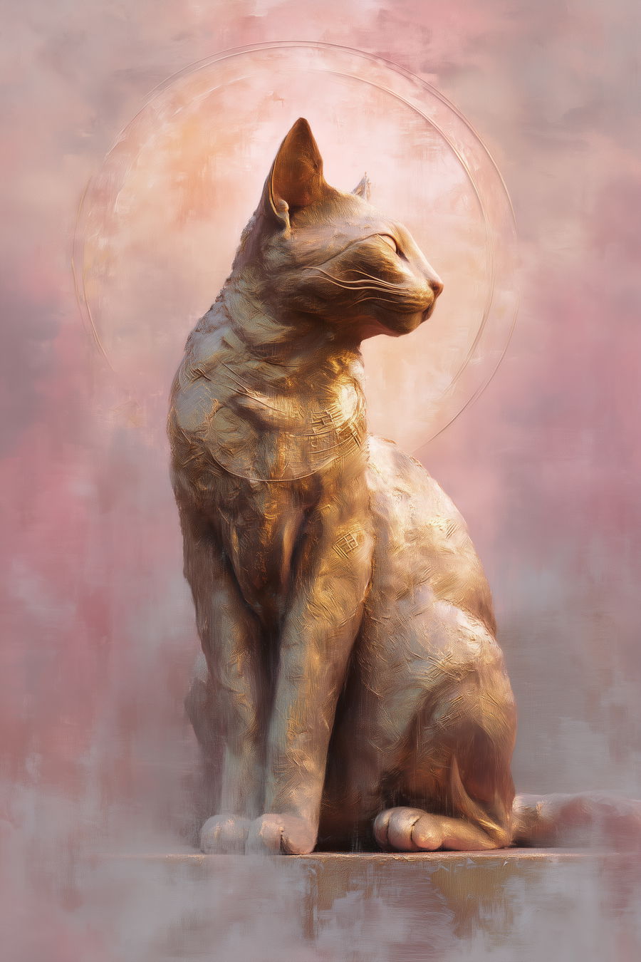 Golden feline deity seated in regal posture with glowing aura
