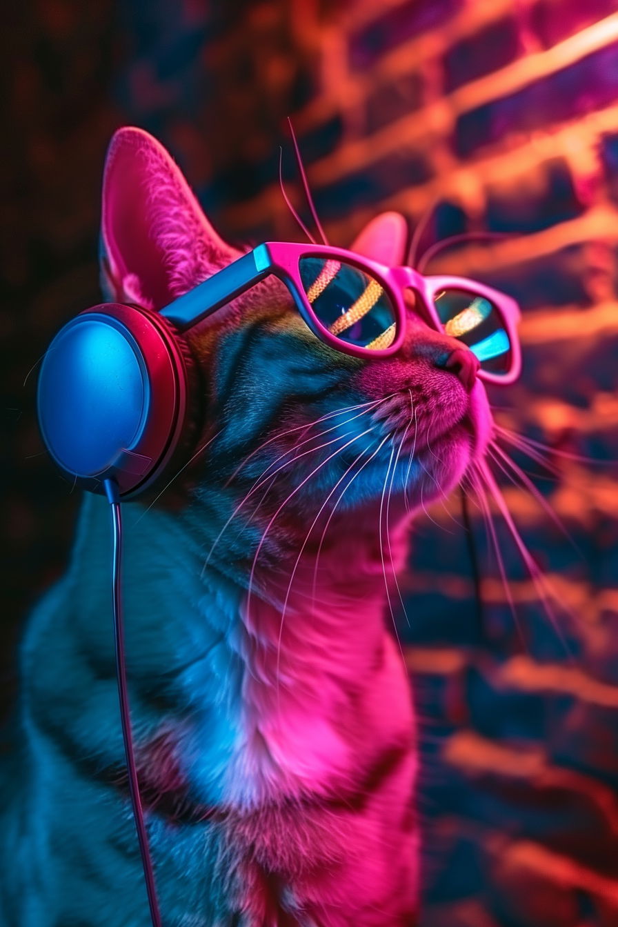 Cat DJ with oversized headphones and colorful lights
