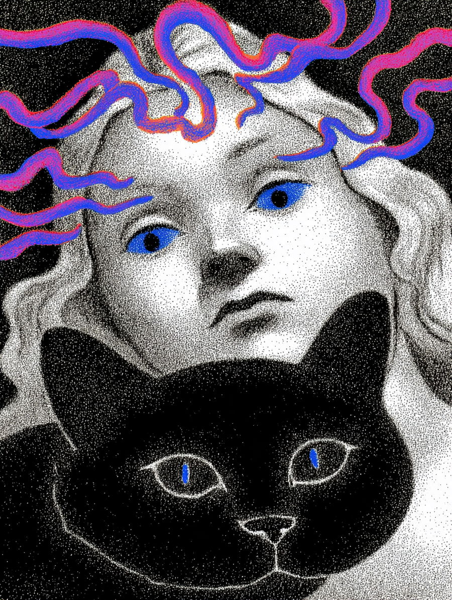 Girl dreaming with a black cat in a vibrant spiritual setting