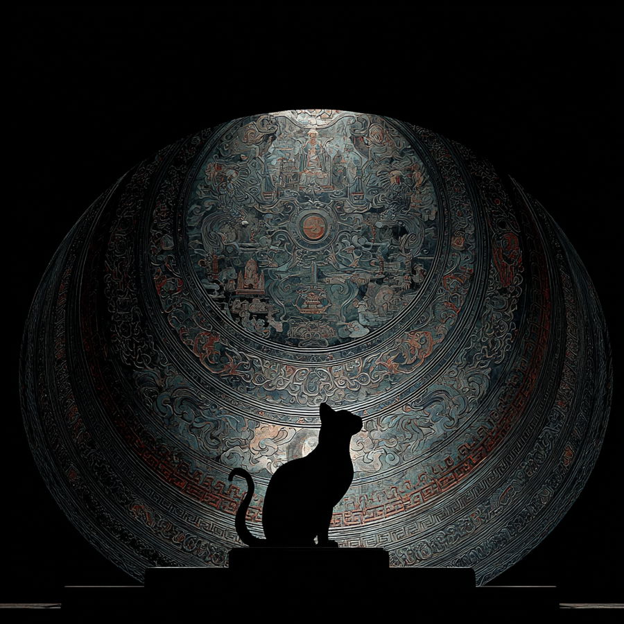 Silhouette of a large cat against Dunhuang mural ceiling