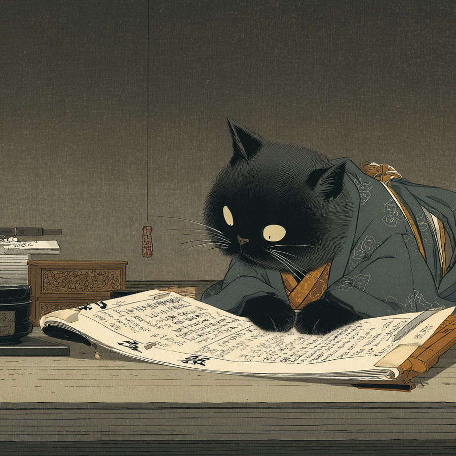 Edo-style cat in kimono reading scroll in study room