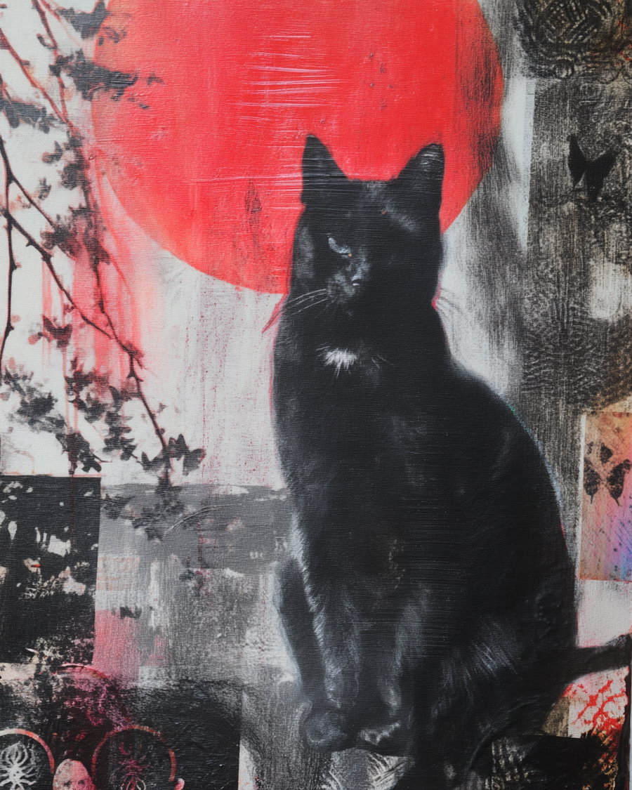 Eerie monochromatic painting with vibrant color accents and unsettling mood