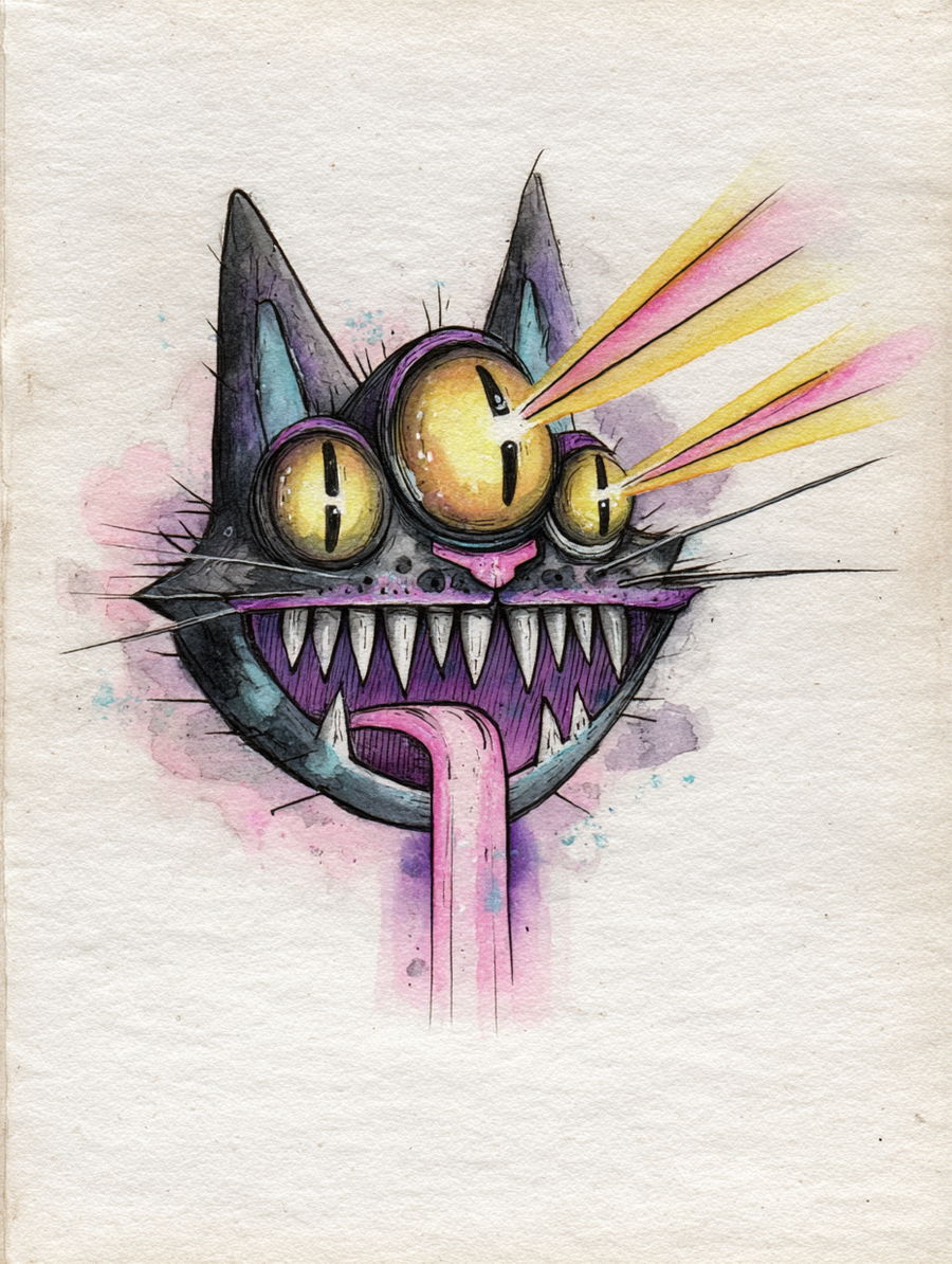 Evil cartoon cat with three eyes and colorful lasers