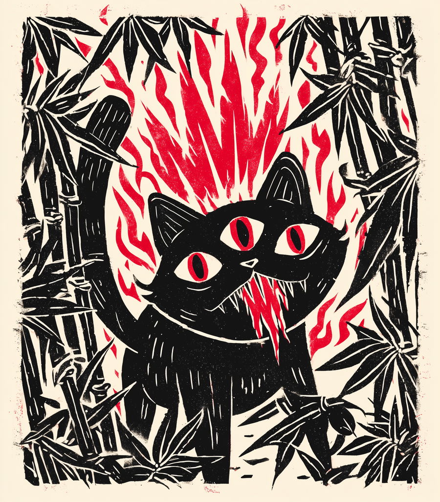 Evil cat illustration with fiery mouth and bamboo leaves