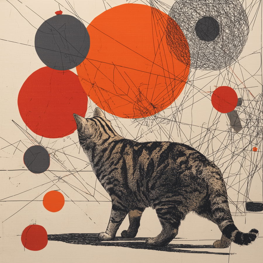 Brown tabby cat exploring colorful Calder-inspired abstract landscape