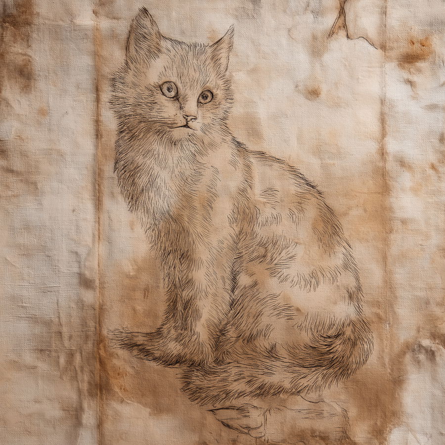Faded yellow cat resting on textured old fabric