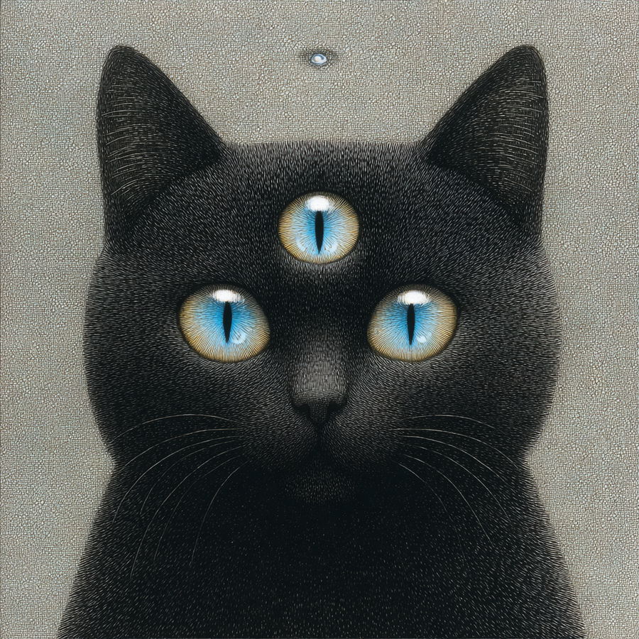 Black cat with three blue eyes in pastel fantasy scene