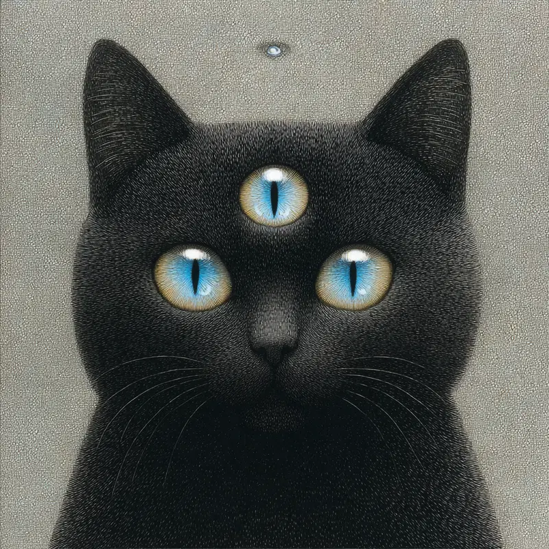 Fantasy Black Cat Art with Three Blue Eyes for Home Decor Inspiration