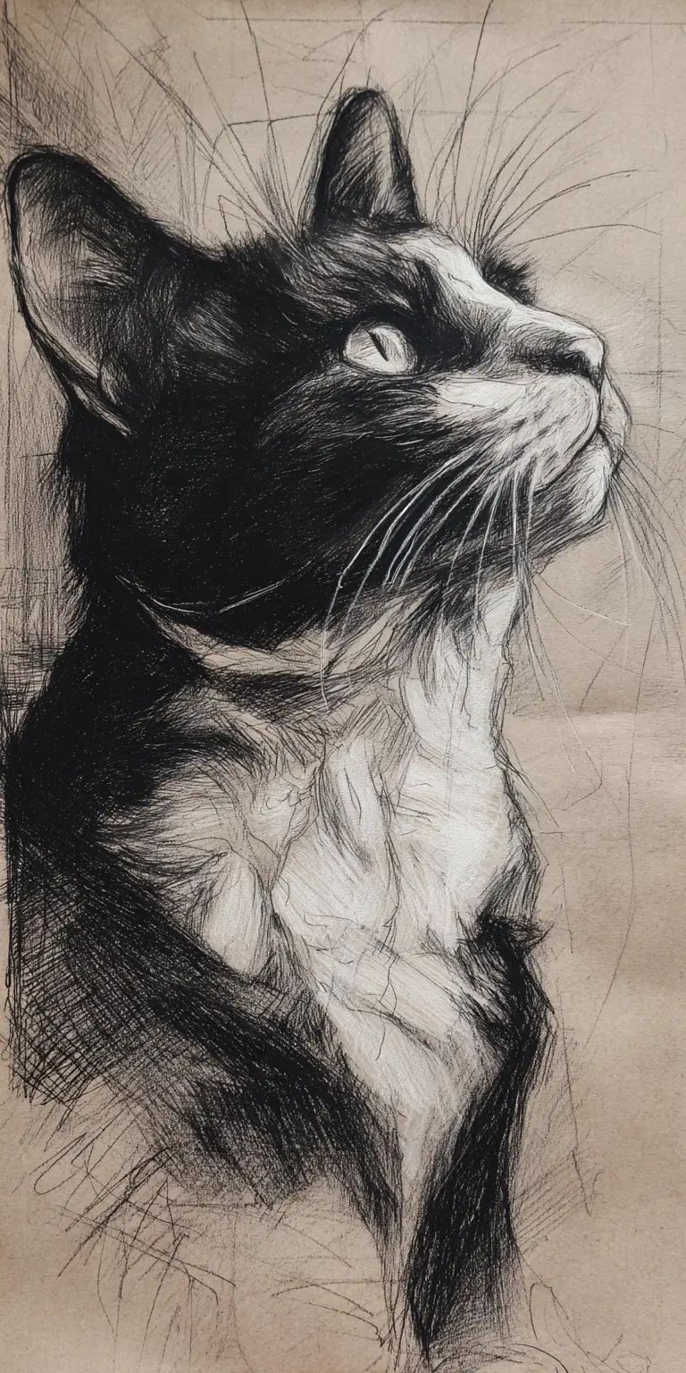 Egon Schiele Style Charcoal Drawing of a Fat Cat Decor Inspiration