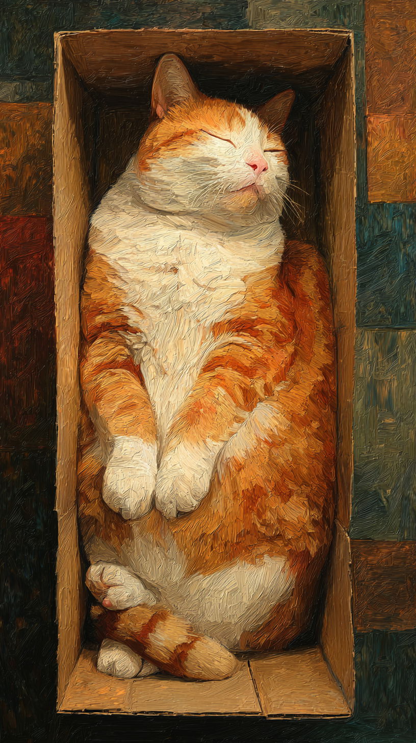 Fat cat snugly fitting in a colorful box painting