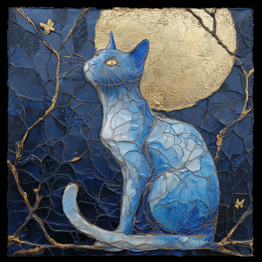 Textured oil painting of a surreal blue feline under moonlight