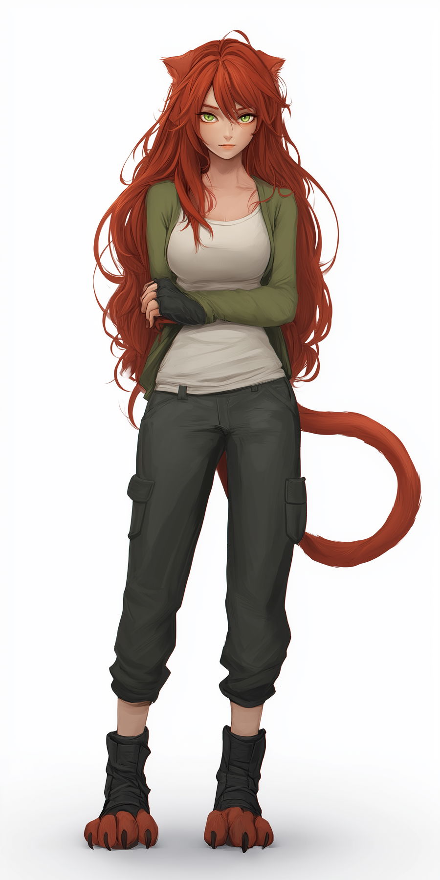 Full-body portrait of a calm female character with red hair