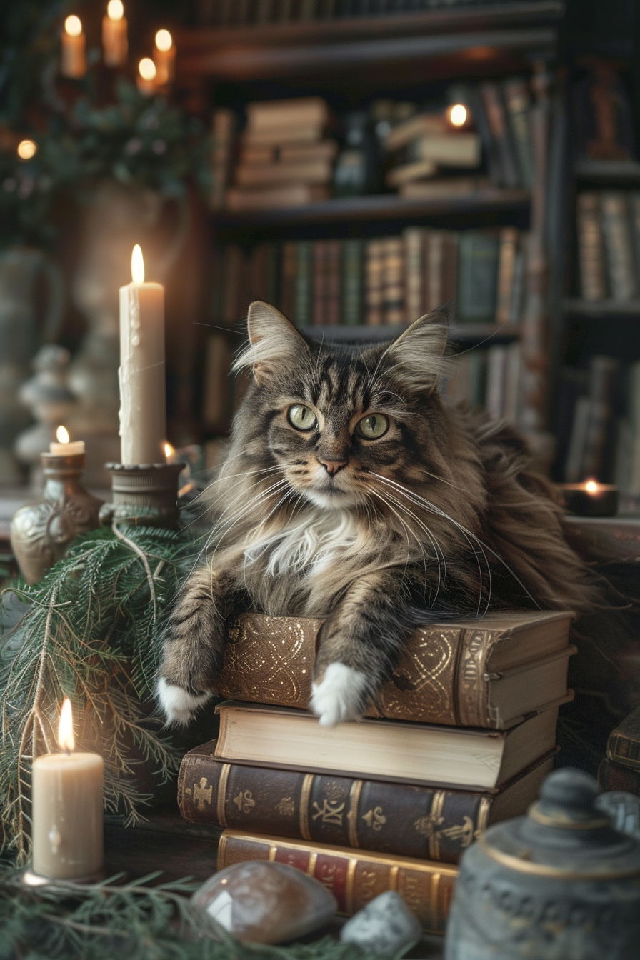 Fluffy witch cat in mystical study with glowing crystals