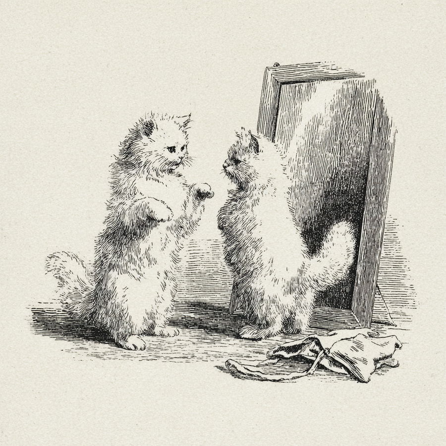 Two fluffy white cats in classical engraving style discussing clothing