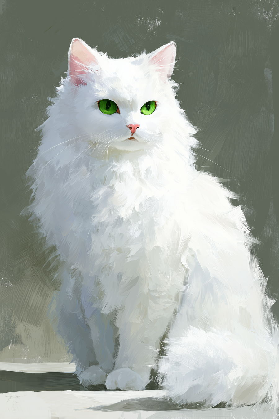 Fluffy white cat with green eyes sitting against empty background