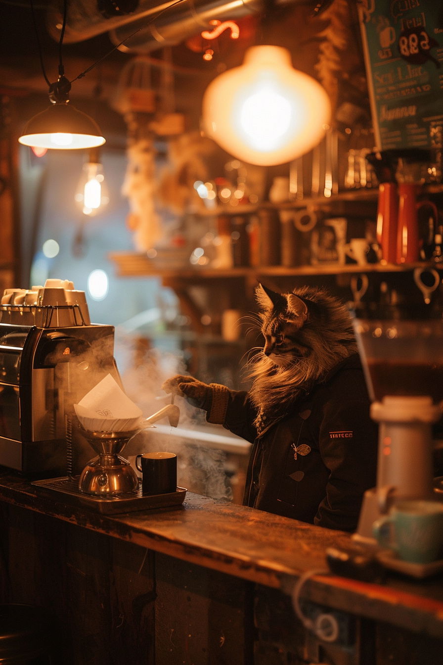 Fluffy cat barista brewing coffee in cozy cafe interior