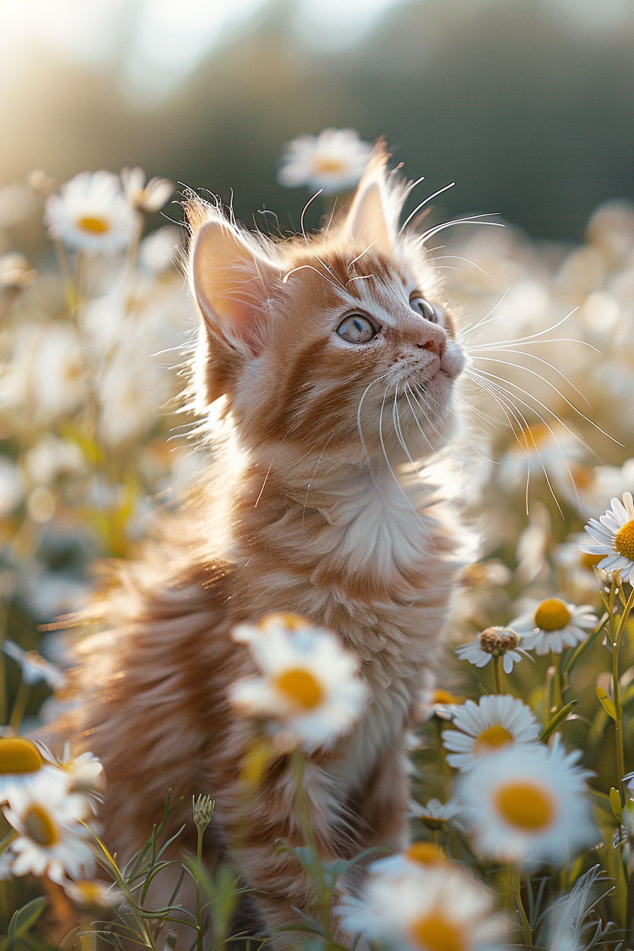 Fluffy kitten in daisy field under spring sunshine
