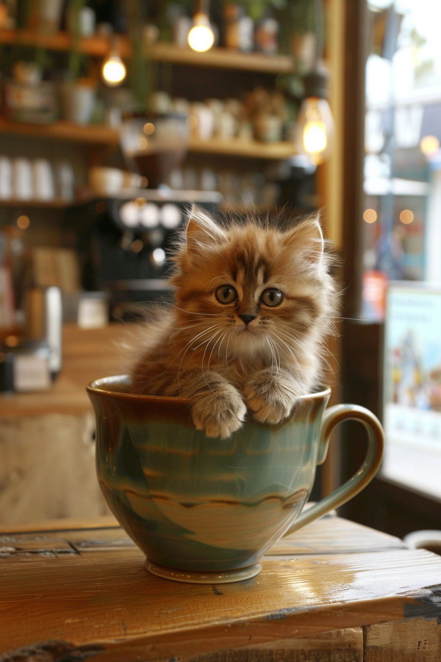 Fluffy kitten nestled in giant coffee cup in cozy cafe