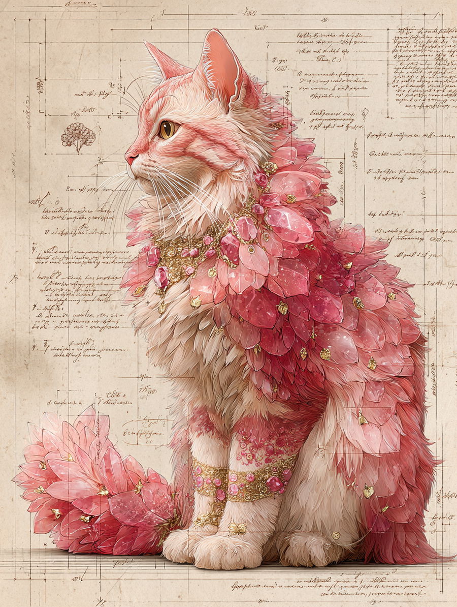Fluffy pink cat with rose quartz crystals and intricate details