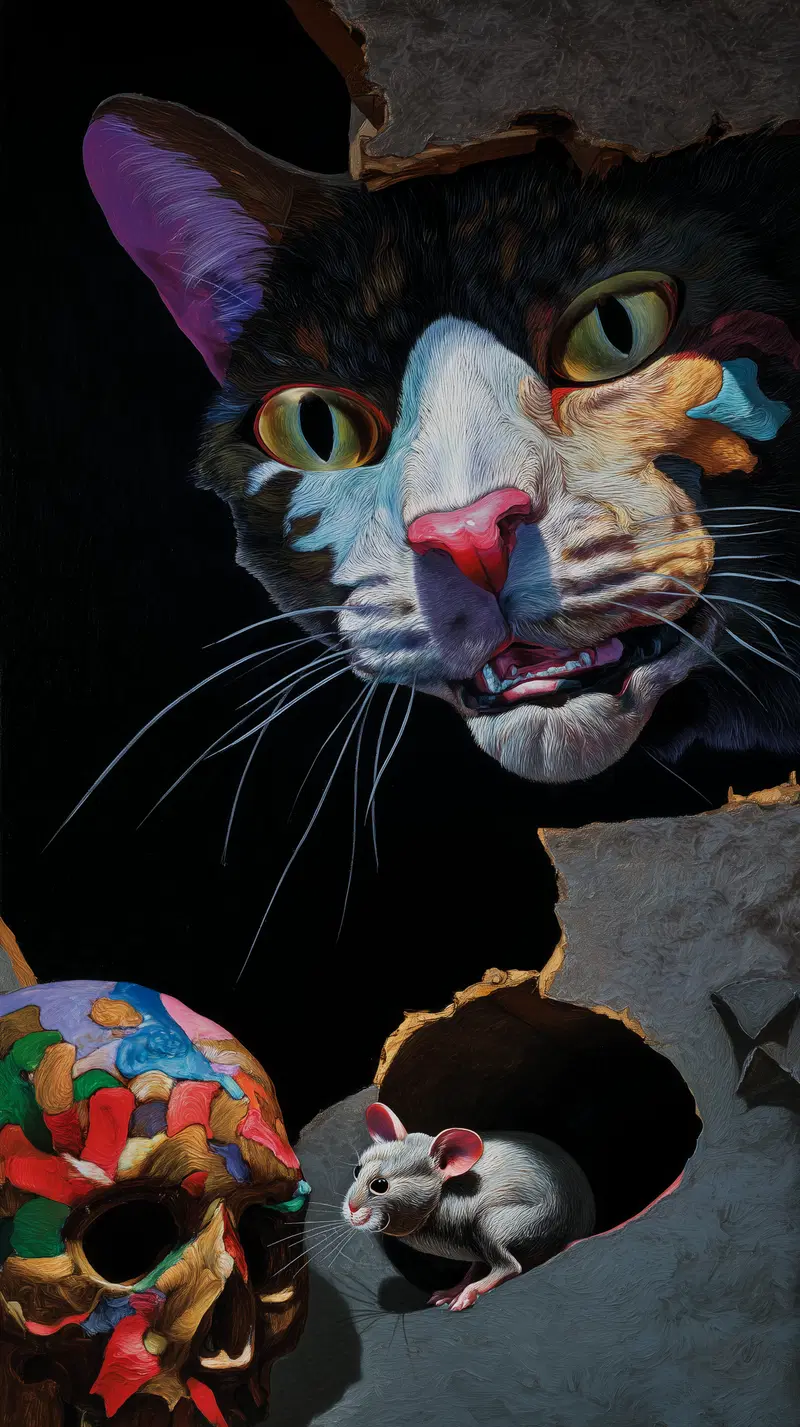 Surrealist Cat and Mouse Acrylic Art for Colorful Home Decor