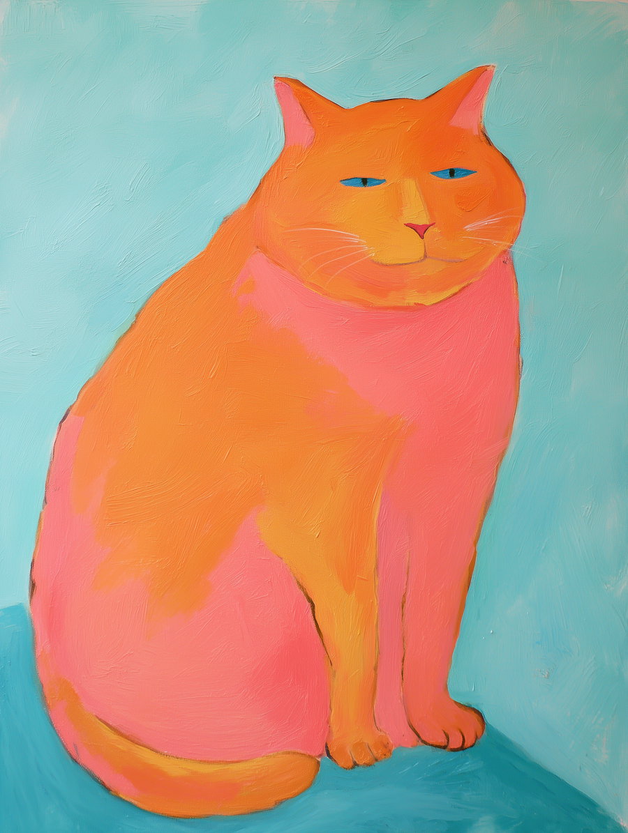 Bright Matisse-style painting of a funny fat orange cat