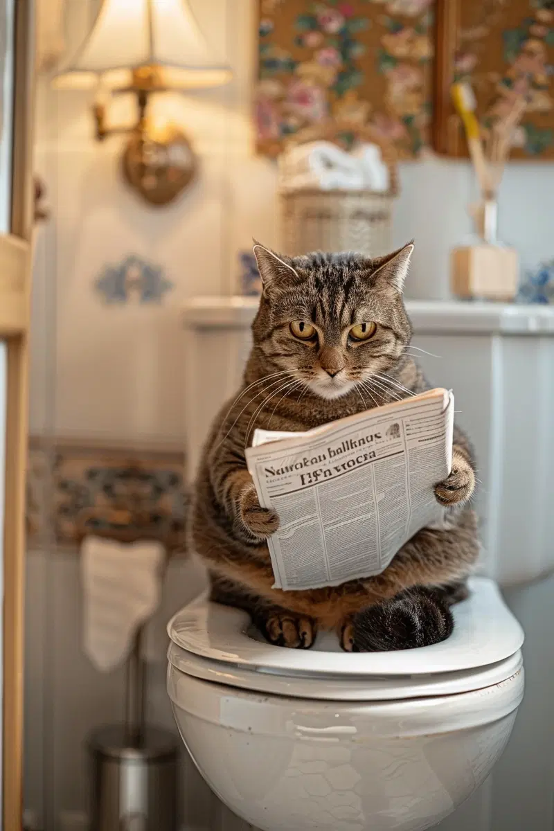 Funny Bathroom Decor Ideas Featuring Cats Reading Newspapers