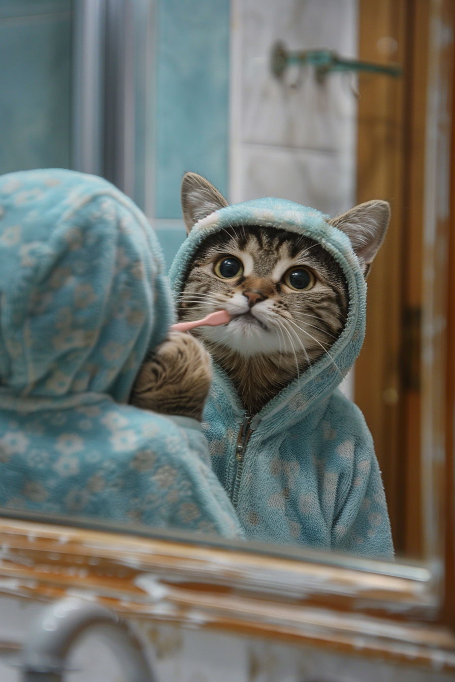 Cat in pajamas brushing teeth in bright bathroom mirror