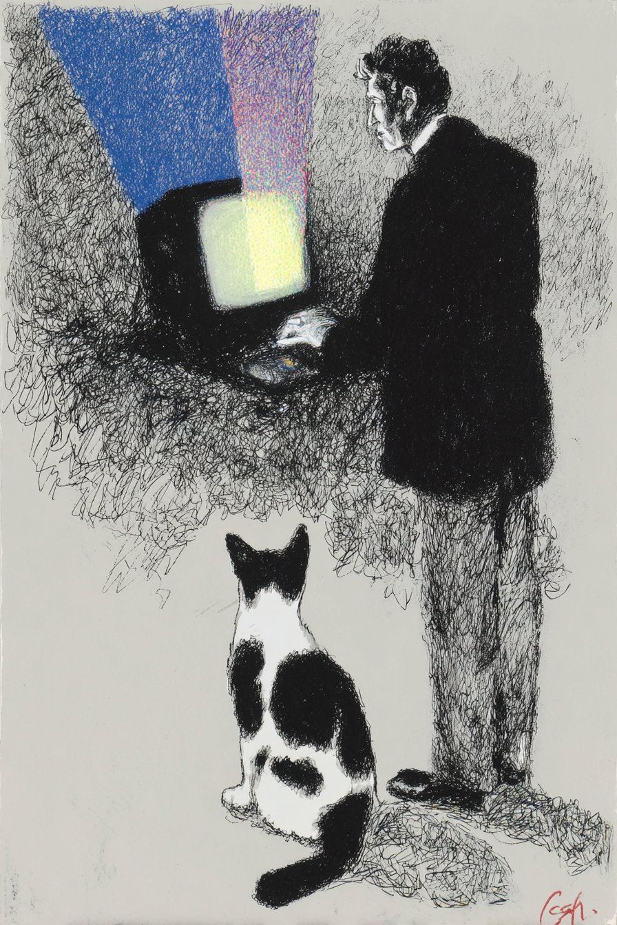 Gamer explains strategy to cat by glowing monitor