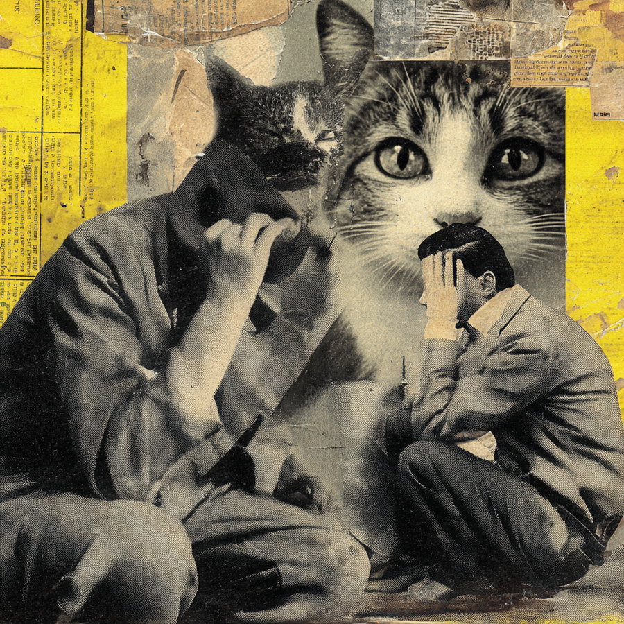 Gato con mirada juzgadora en estilo collage retro