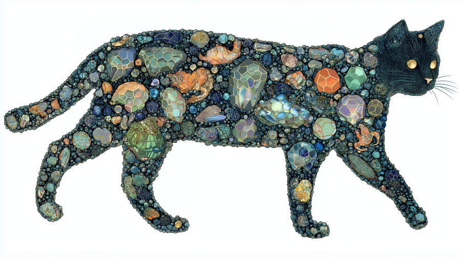 Gem-filled cat with small jewel creatures inside