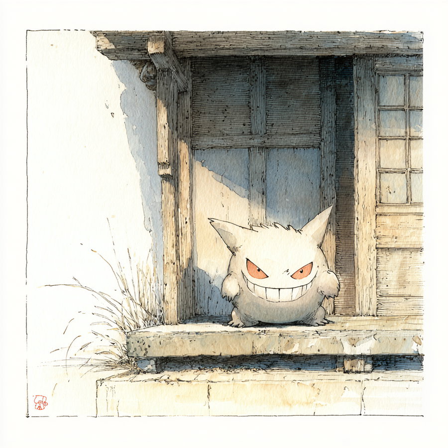 Gengar near an old haunted Japanese house sketch