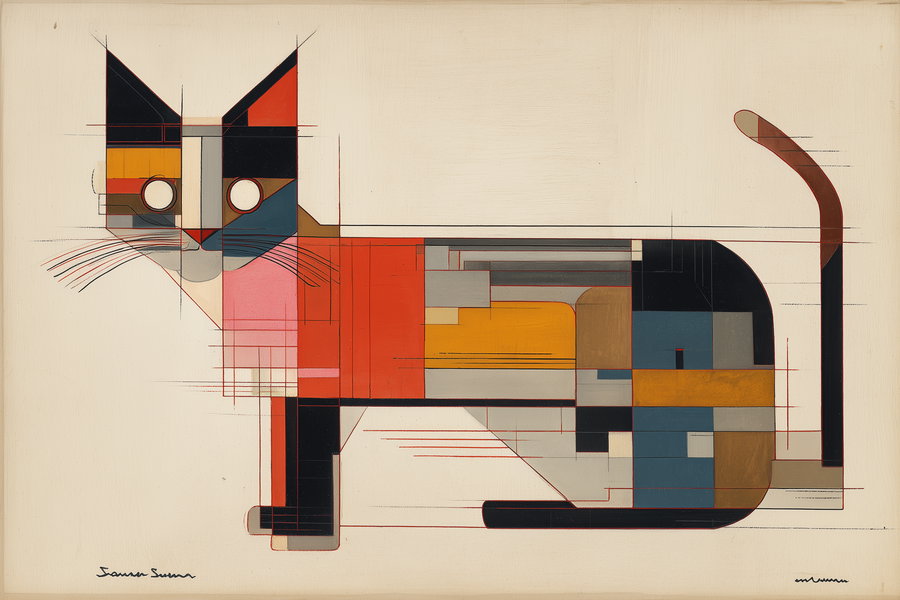 Stylized black cat in geometric shapes against warm cream background