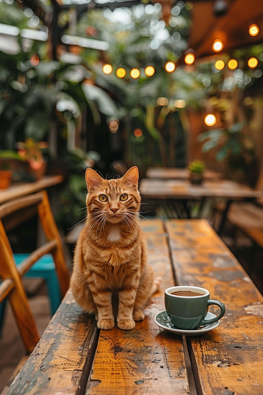 Ginger cat in cafe chair with espresso cup on table