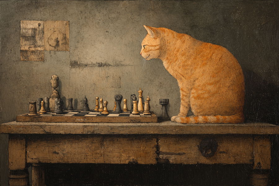 Ginger cat playing chess on olive tabletop folk art