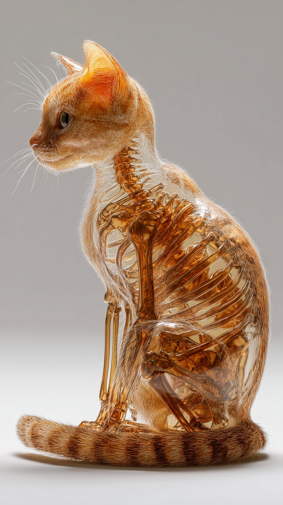 Orange cat with glassy body revealing visible bones inside