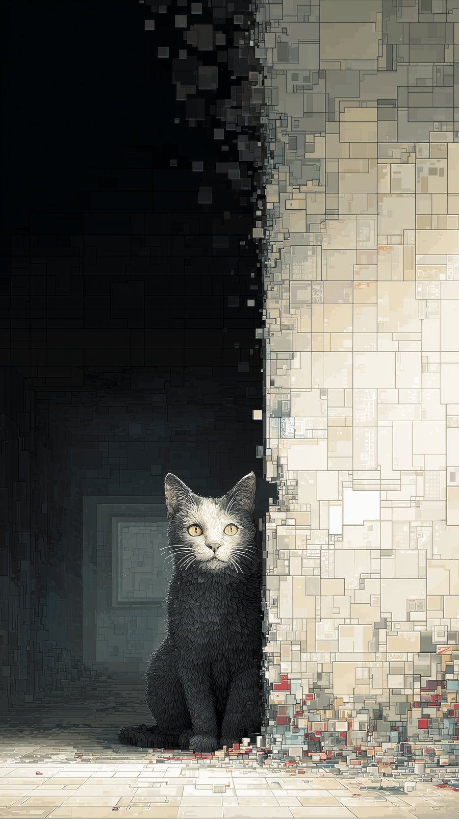 Cat emerging from wall with glitching pixel effect