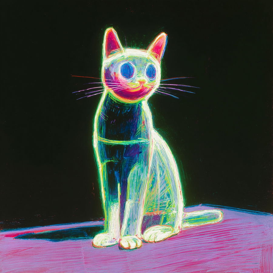 Glowing transparent cat specter inspired by Francis Bacon and Wayne Thiebaud