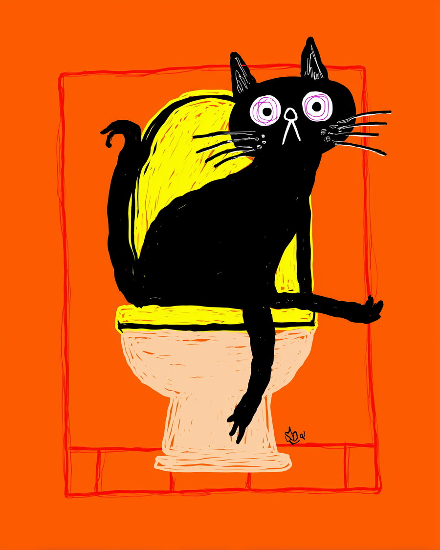 Goofy black cat on toilet with wild eyes and tilted head